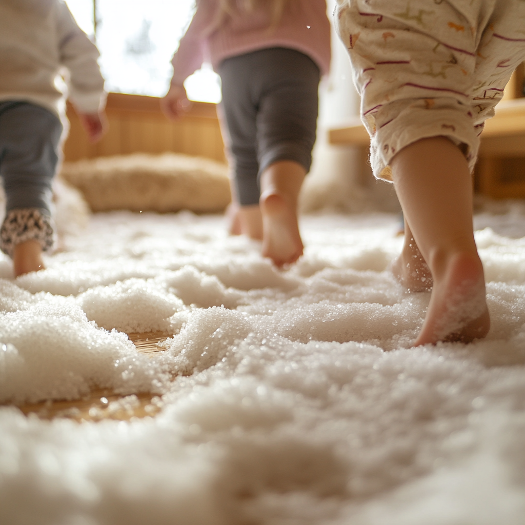 Kinder laufen in einem Raum auf Sand