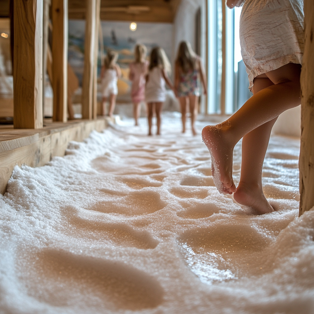 Kinder laufen in einem Raum auf Sand